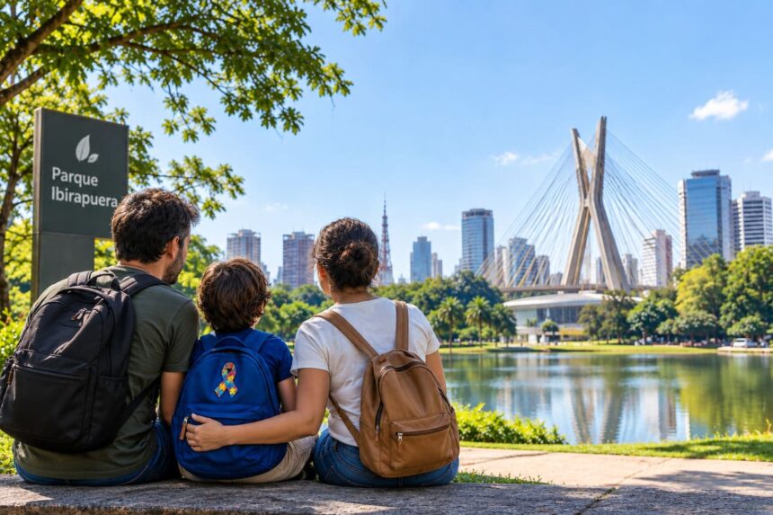 Família passeando com criança autista no Parque Ibirapuera em São Paulo